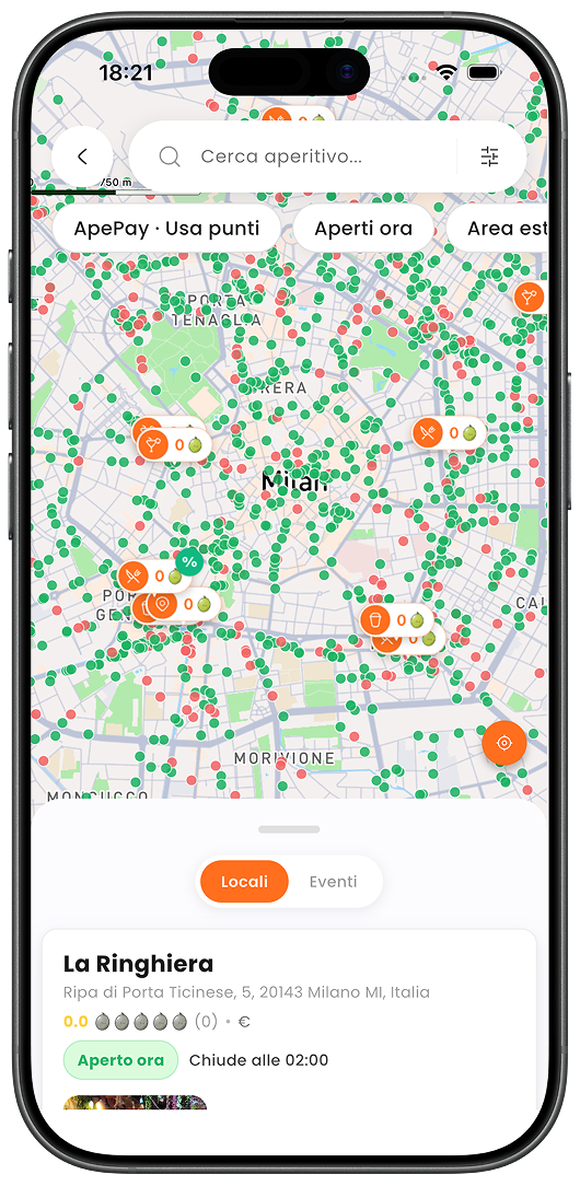 Schermata EasyApe con mappa dei locali e filtri per aperitivo a Milano
